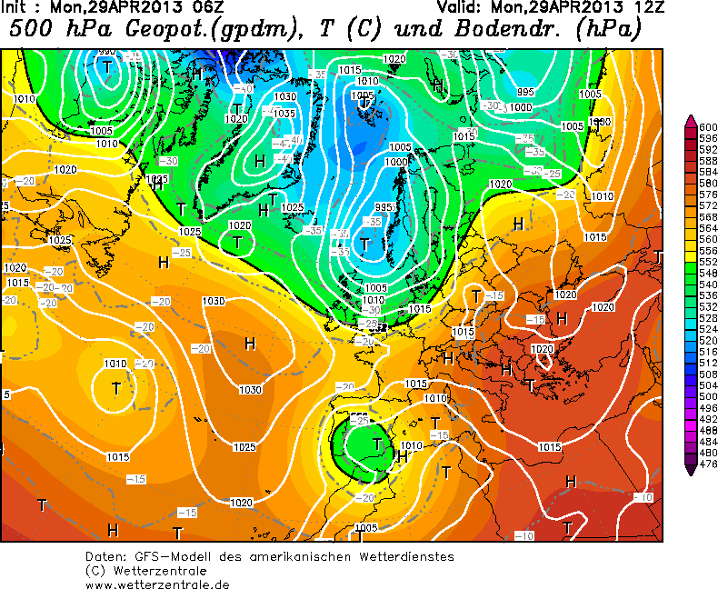 500 hPa-os mező a GFS időjárási-előrejelző modell számítása szerint