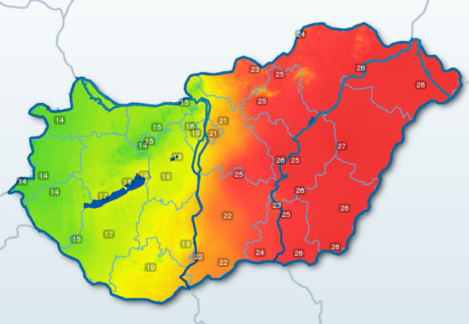 Hőmérsékleti eloszlás szombat délben